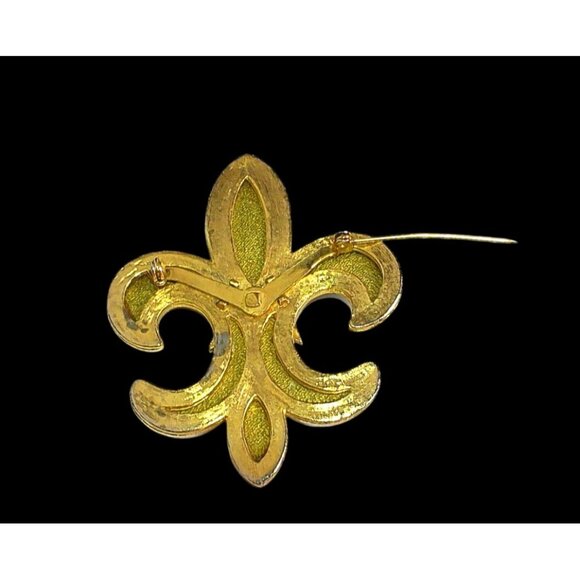 Vintage Gold Tone Green Suede Fleur De Lis Brooch With Archangel Michael Embelli - Picture 5 of 5